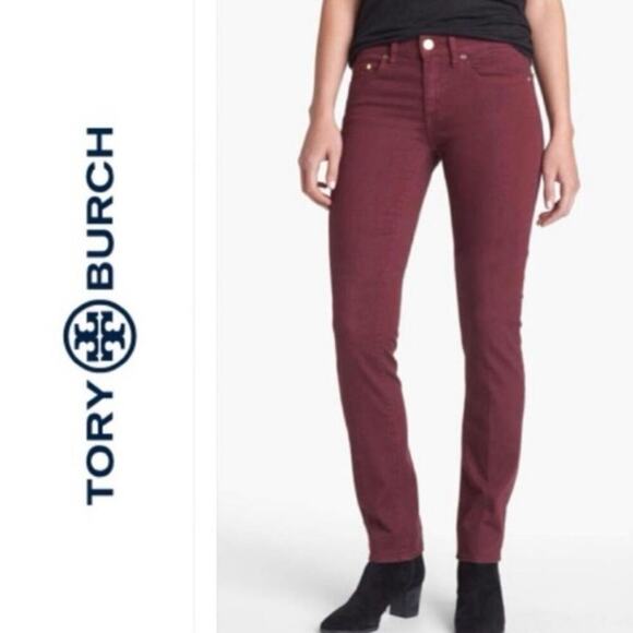 Tory Burch Super Skinny Jean Burgundy Cranberry Stretch Denim Mid Rise Size 27 - Picture 1 of 14